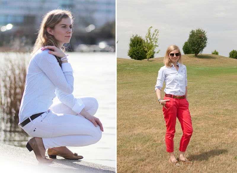Die Basisgarderobe der Lady: Weiße Jeans und rote Chino