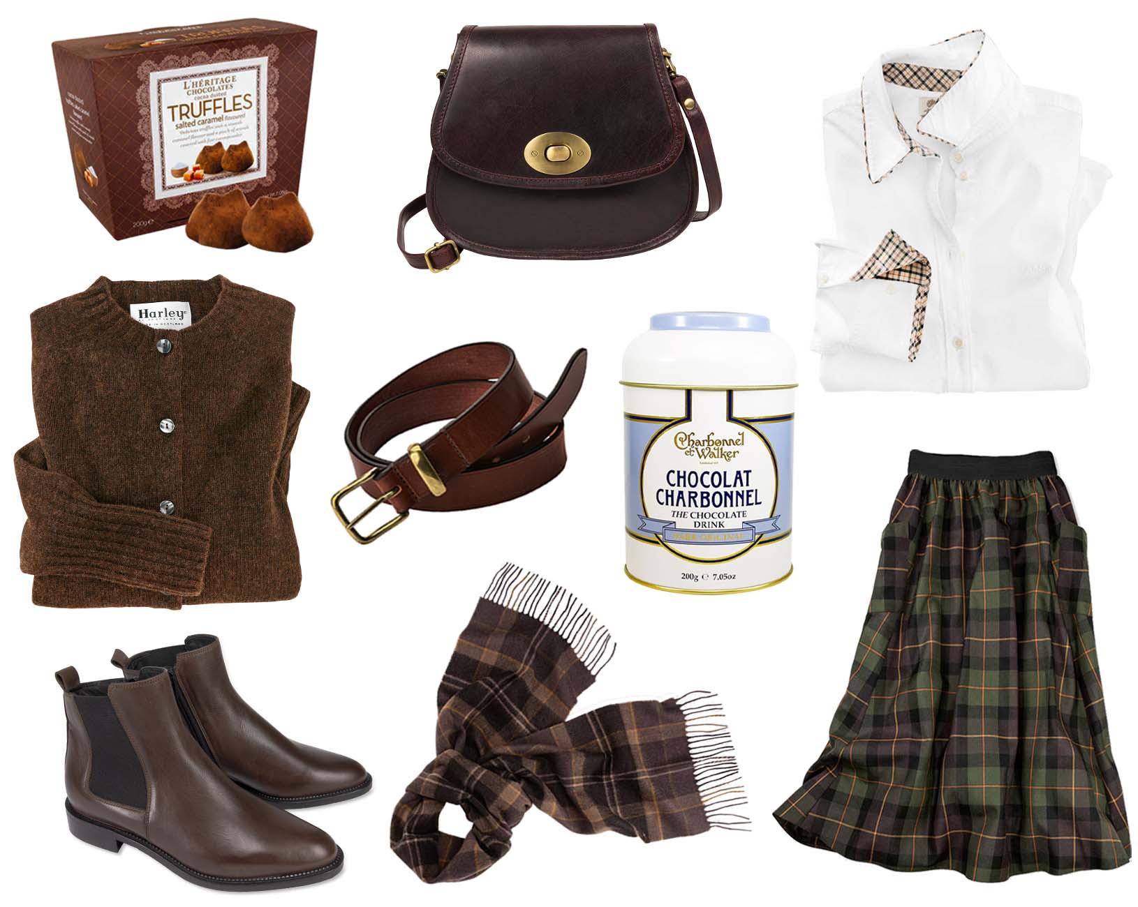 Britische Herbstmode in Schokobraun Britische Herbstmode in Schokobraun mit Tartanrock, Cardigan, Schal, Lederaccessoires und Schokolade